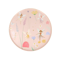 Pink fairy plate with whimsical flower and fairy design for birthday party from Parte Haus party supply store in Bethesda MD