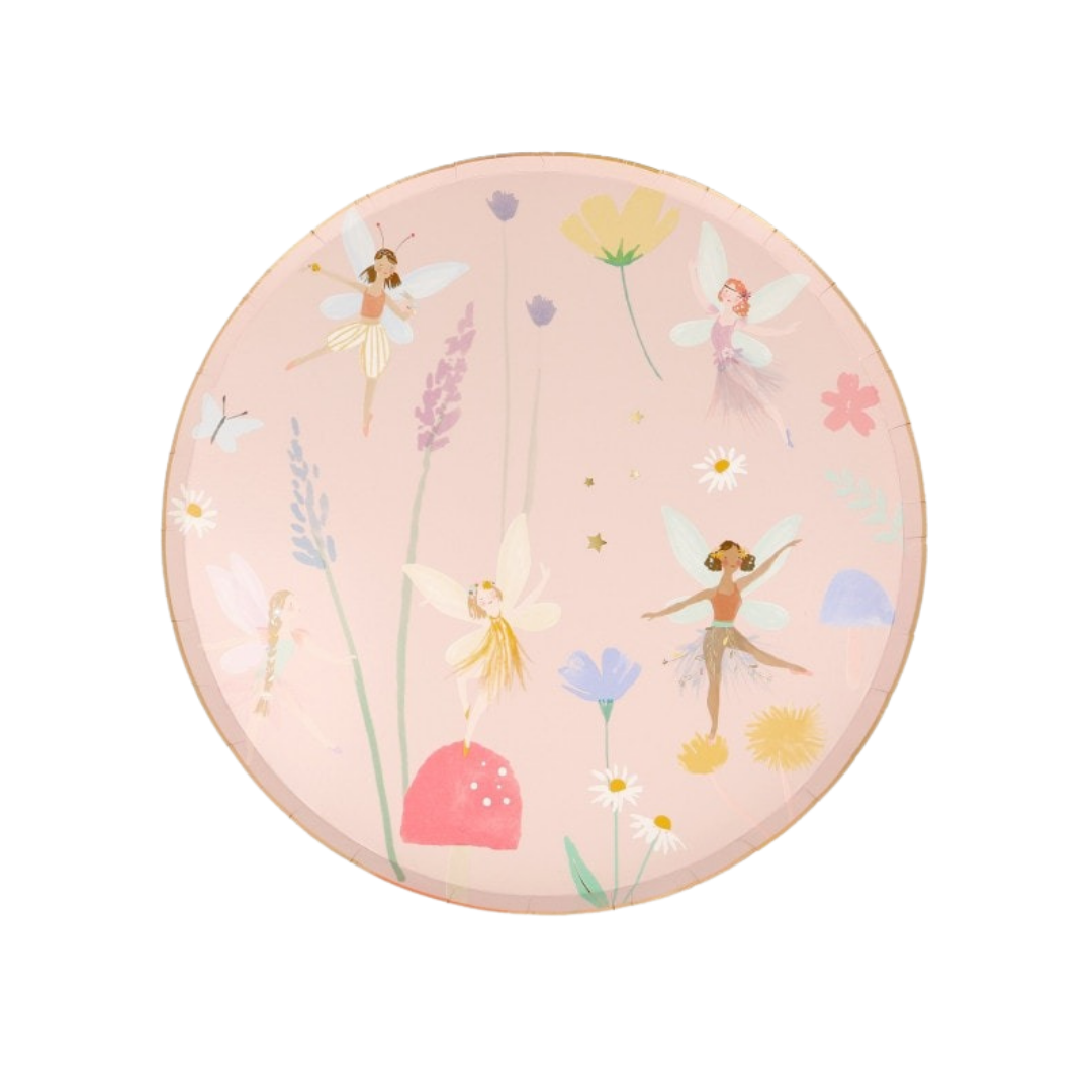 Pink fairy plate with whimsical flower and fairy design for birthday party from Parte Haus party supply store in Bethesda MD