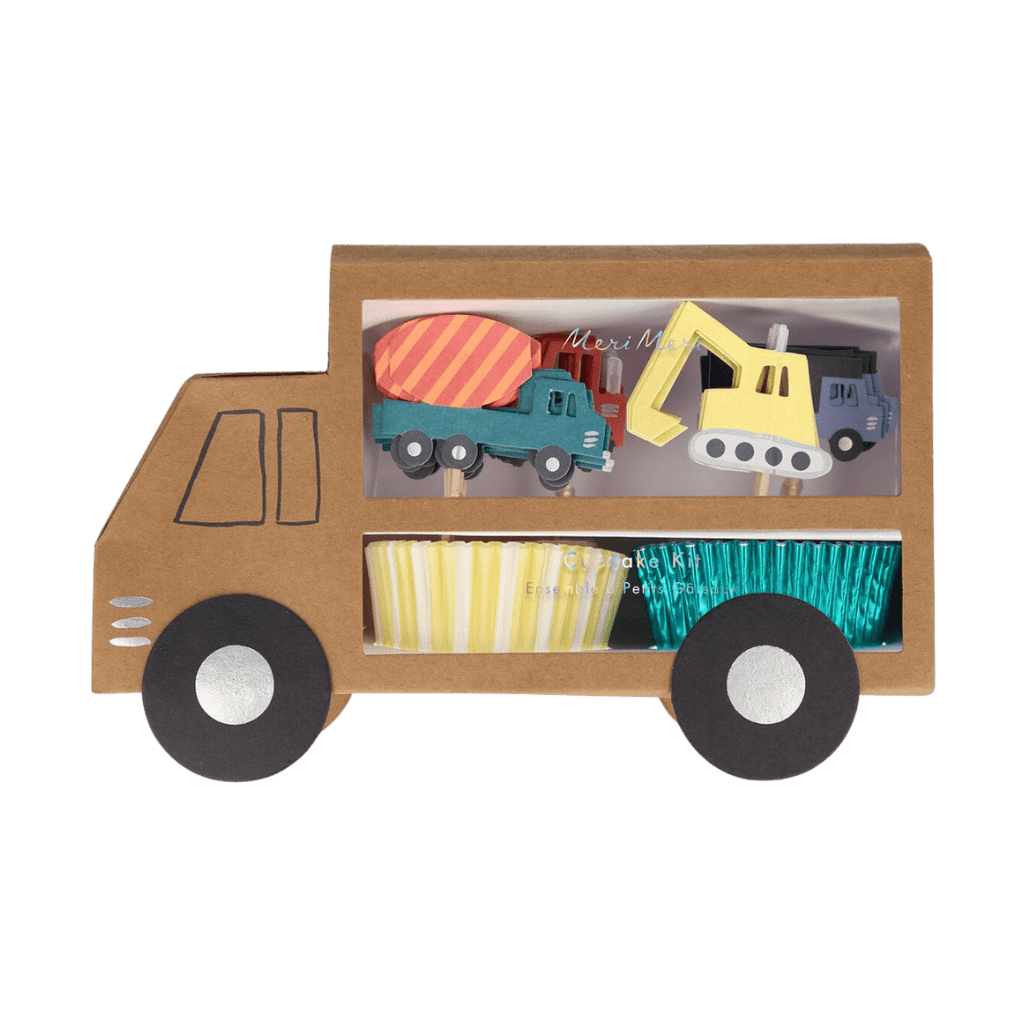 Yellow blue construction cupcake kit with truck and digger toppers for kids birthday from Parte Haus party supply store in Bethesda MD