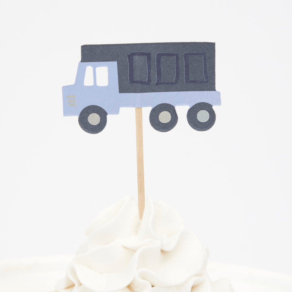Blue truck cake topper construction birthday theme from Parte Haus party supply store in Bethesda MD