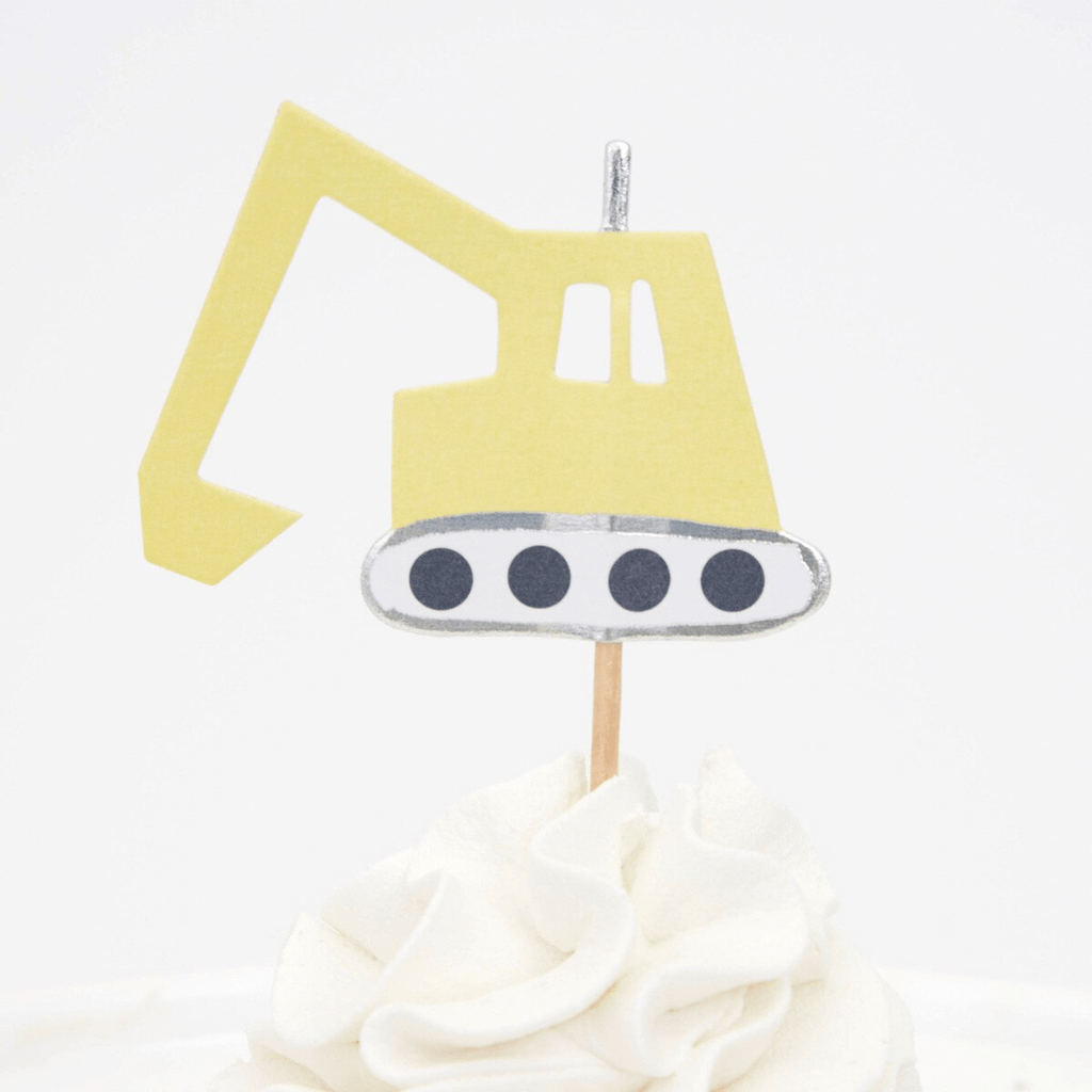 Yellow construction truck cupcake topper for birthday theme from Parte Haus party supply store in Bethesda MD