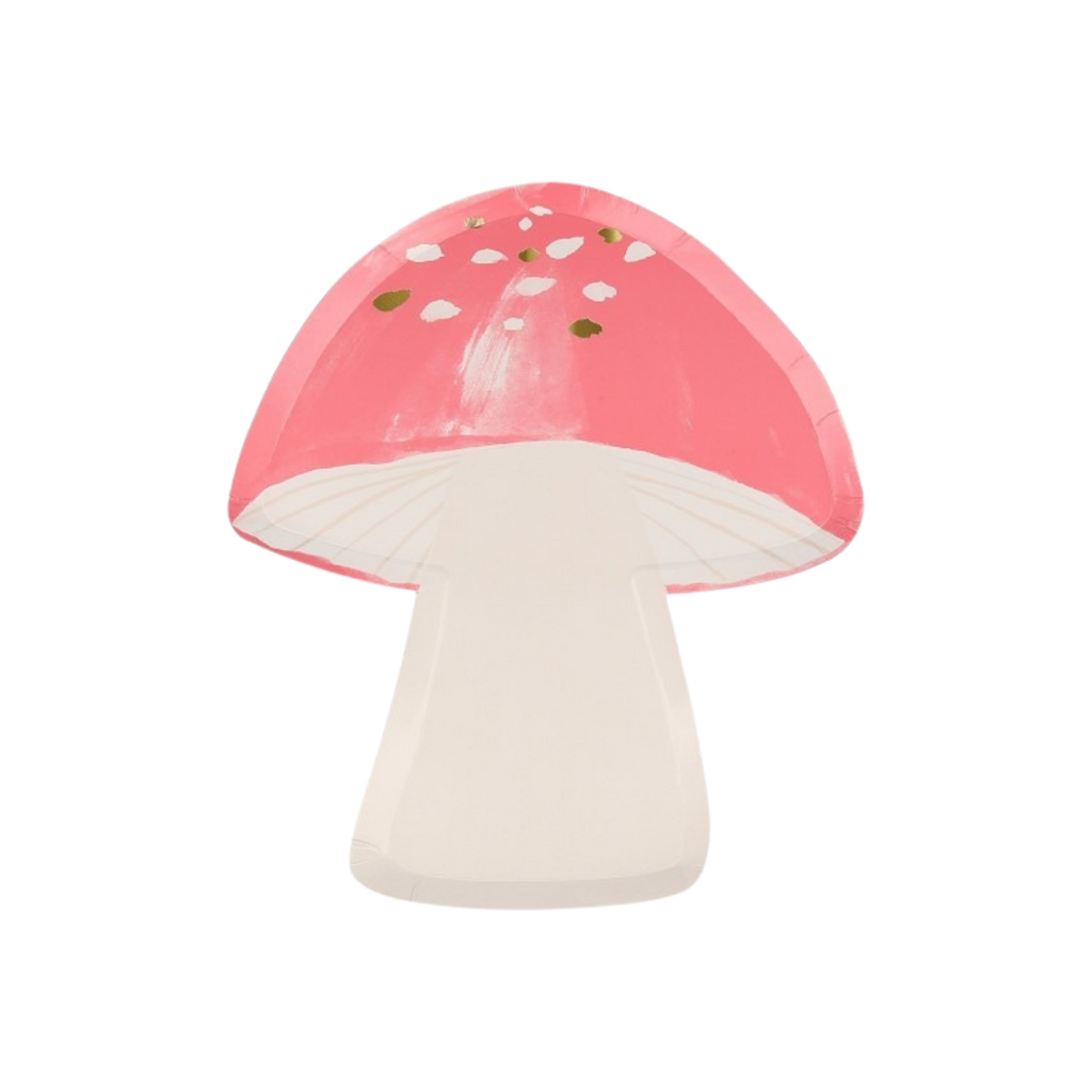Pink mushroom paper plate with white spots woodland theme from Parte Haus party supply store in Bethesda MD