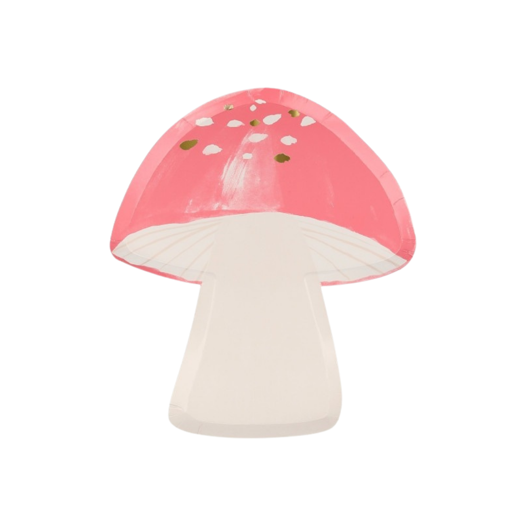 Pink mushroom paper plate with white spots woodland theme from Parte Haus party supply store in Bethesda MD
