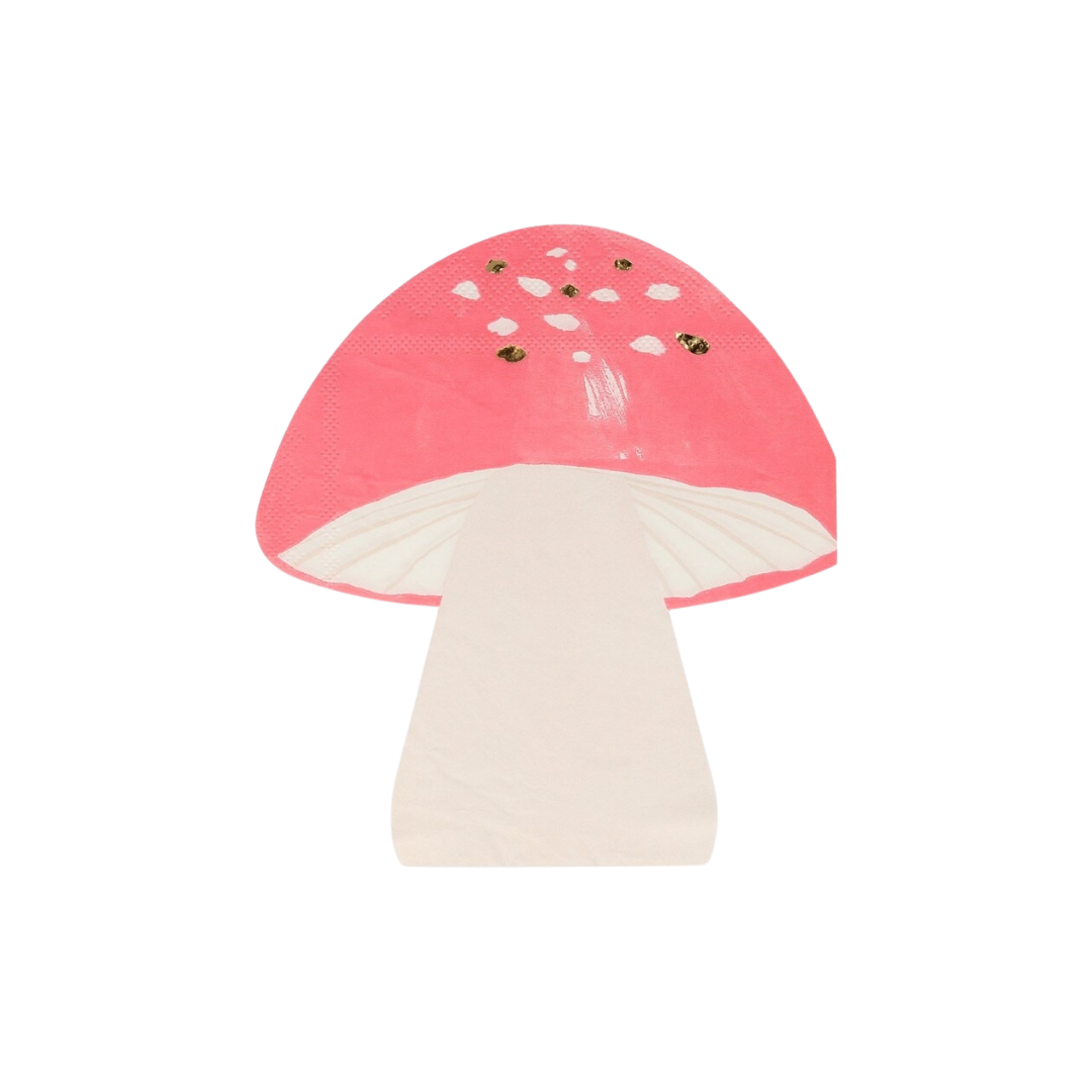 Pink mushroom napkin whimsical toadstool shape woodland theme from Parte Haus party supply store in Bethesda MD