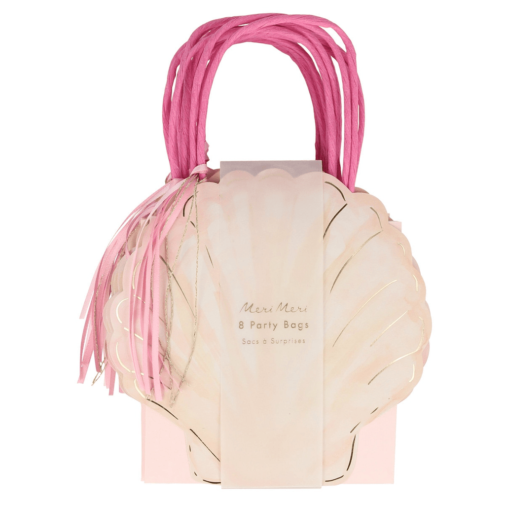 Pastel pink shell shaped party bags with pink handles for mermaid birthday from Parte Haus party supply store in Bethesda MD