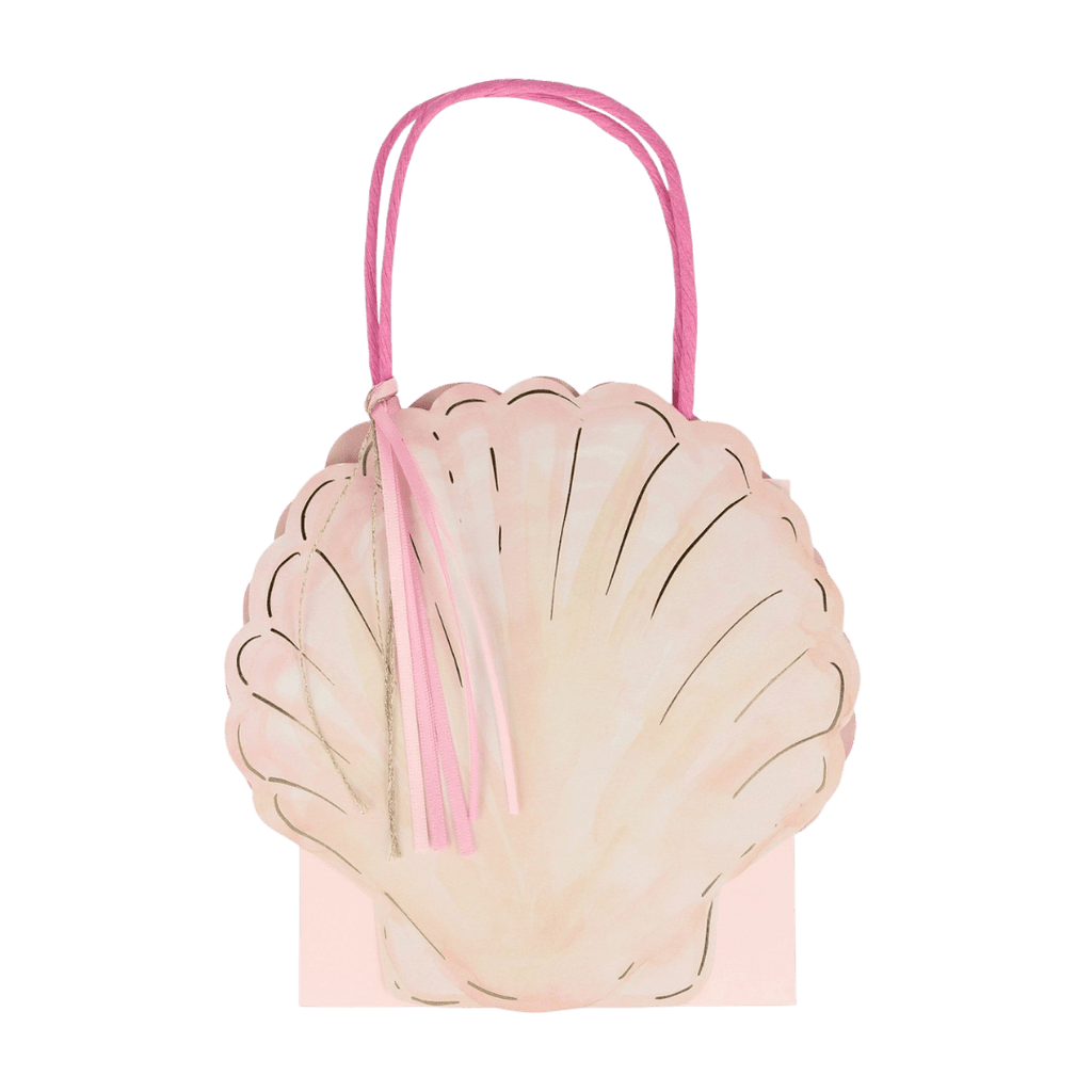 Pink seashell gift bag with handles mermaid birthday theme from Parte Haus party supply store in Bethesda Maryland
