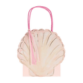 Pink seashell gift bag with handles mermaid birthday theme from Parte Haus party supply store in Bethesda Maryland