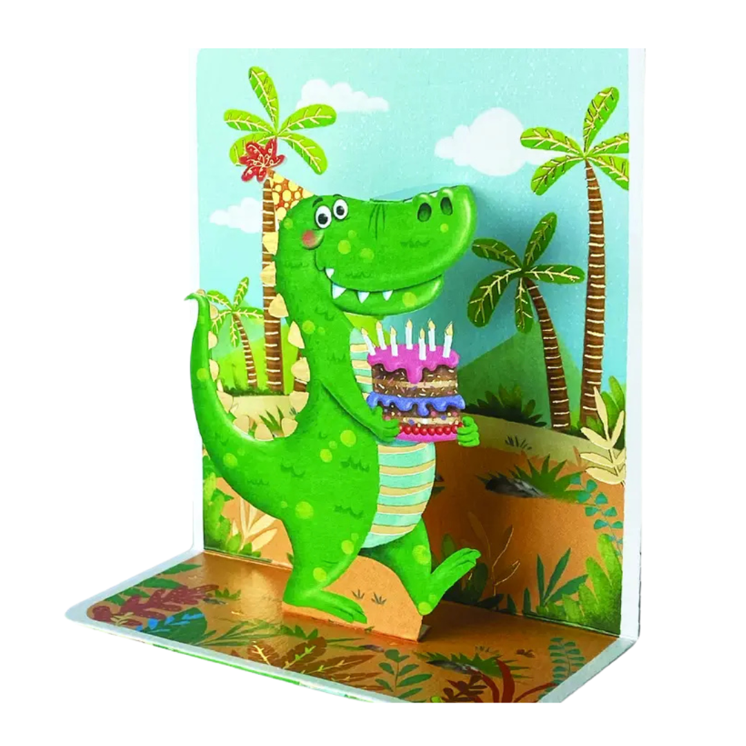 Green dinosaur birthday pop up card with cake jungle theme from Parte Haus party supply store in Bethesda Maryland