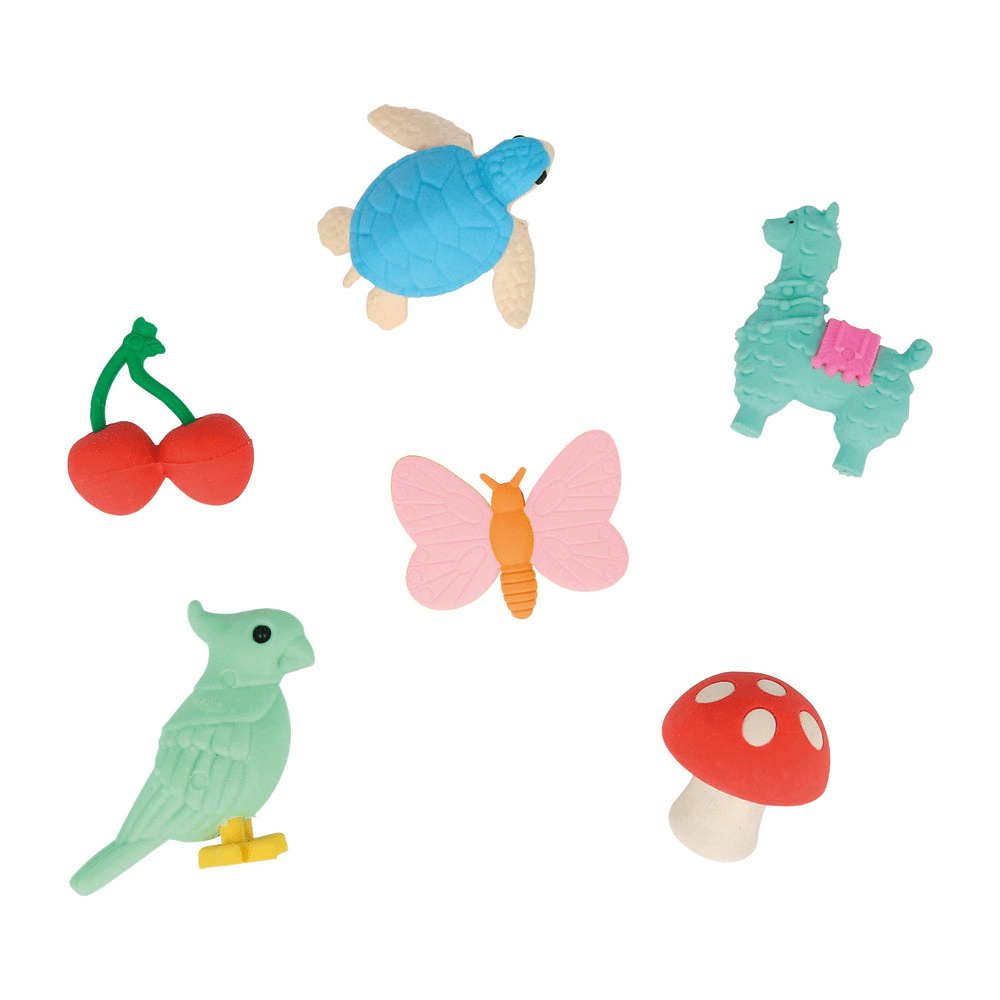 Multicolor animal and fruit erasers set with turtle bird llama butterfly cherry mushroom for kids birthday from Parte Haus party supply store in Bethesda MD