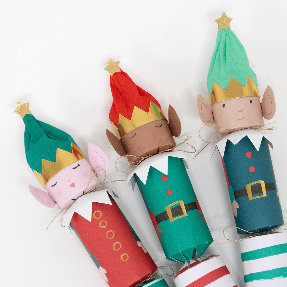 Green and red elf Christmas crackers with smiling faces for holiday decor from Parte Haus party supply store in Bethesda MD