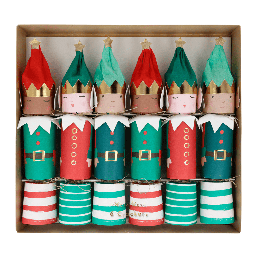 Red and green elf Christmas crackers with gold crowns holiday theme from Parte Haus party supply store in Bethesda MD