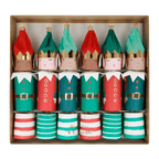Red and green elf Christmas crackers with gold crowns holiday theme from Parte Haus party supply store in Bethesda MD