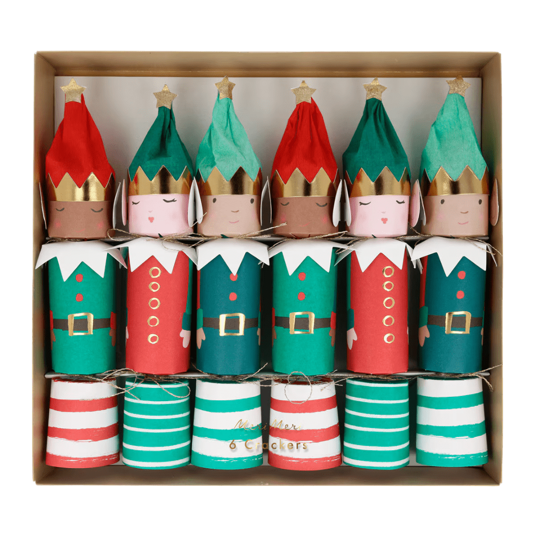 Red and green elf Christmas crackers with gold crowns holiday theme from Parte Haus party supply store in Bethesda MD