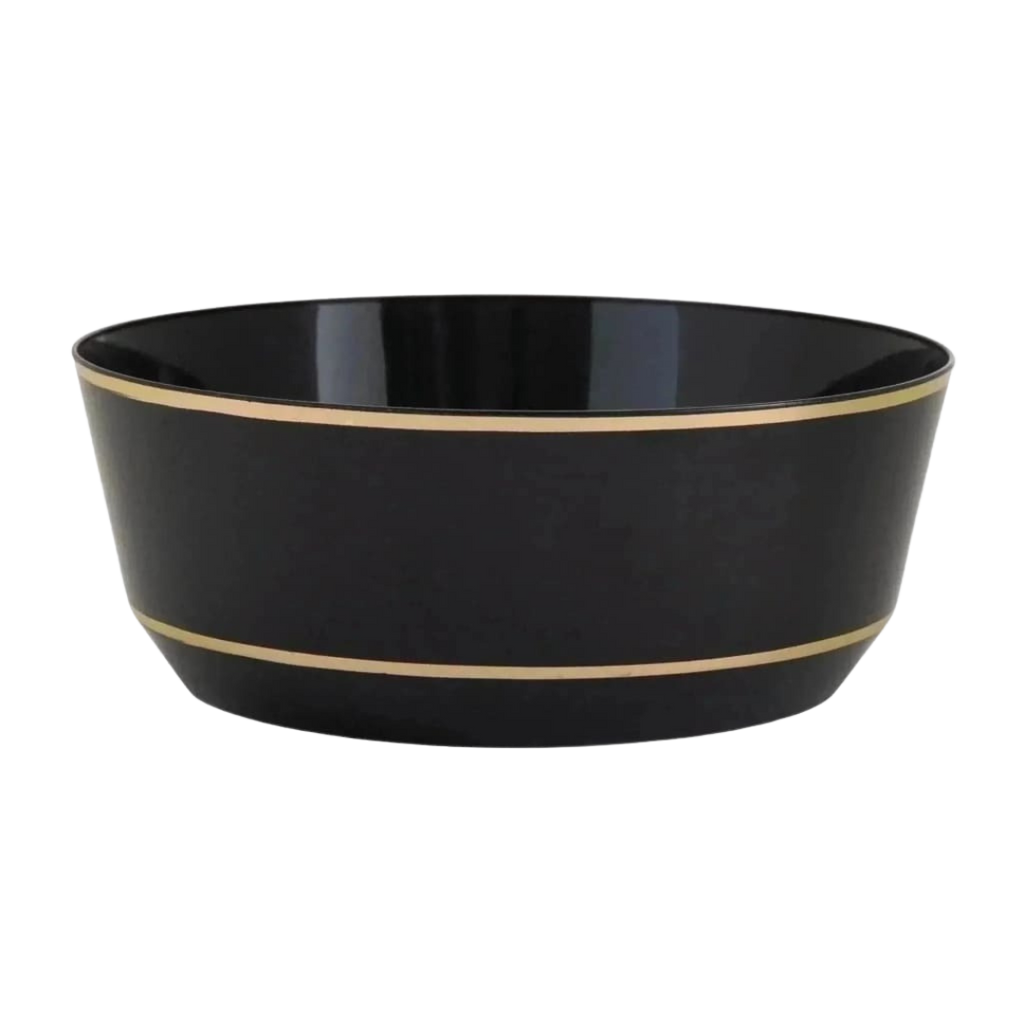 Black and gold bowl with simple striped design elegant event decor from Parte Haus party supply store in Bethesda MD.
