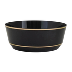 Black and gold bowl with simple striped design elegant event decor from Parte Haus party supply store in Bethesda MD.