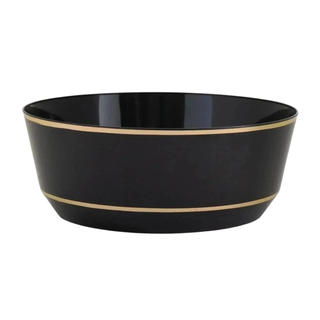 Black and gold bowl with simple striped design elegant event decor from Parte Haus party supply store in Bethesda MD.