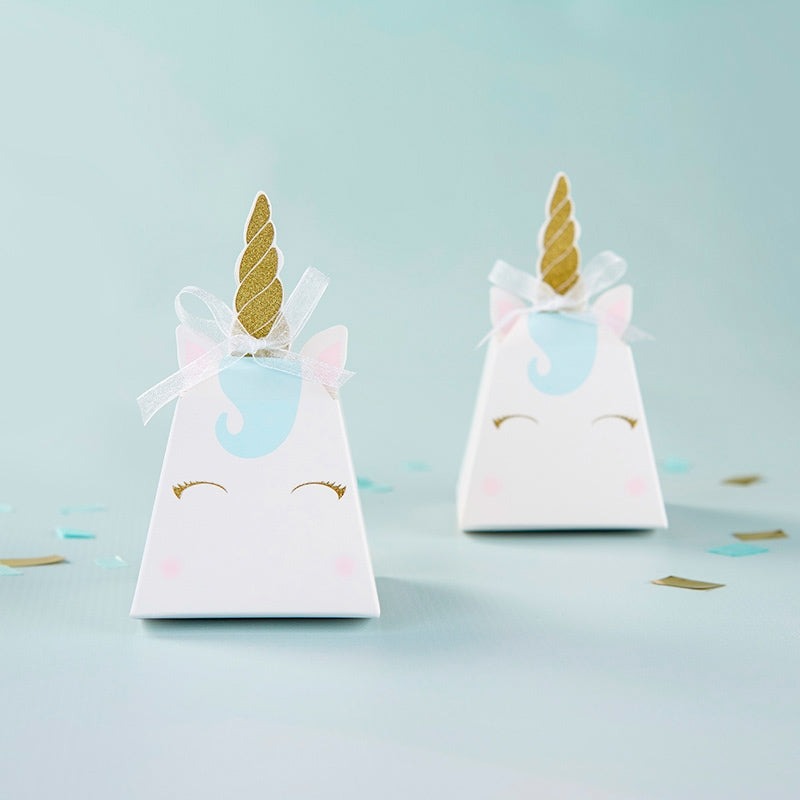 White unicorn favor boxes with gold horns for birthday from Parte Haus party supply store in Bethesda MD