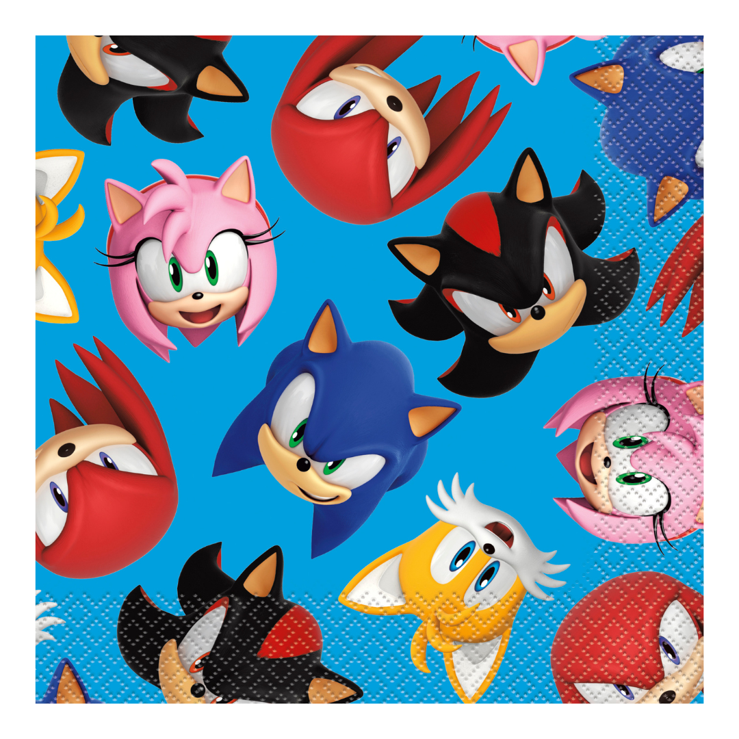 Blue Sonic the Hedgehog napkin with colorful character faces for birthday from Parte Haus party supply store in Bethesda MD