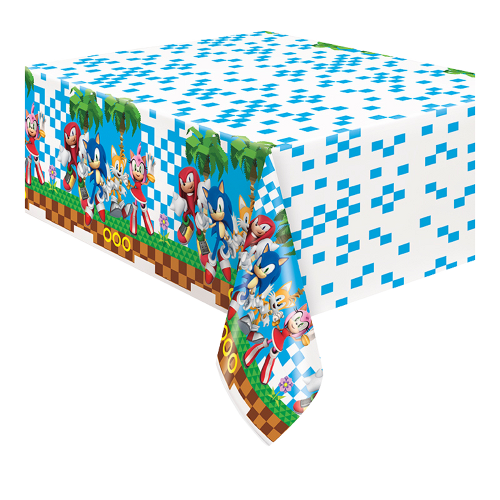 Blue and white Sonic table cover with cartoon characters for birthday from Parte Haus party supply store in Bethesda MD.