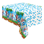 Blue and white Sonic table cover with cartoon characters for birthday from Parte Haus party supply store in Bethesda MD.