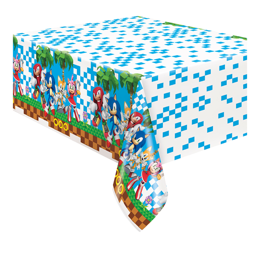 Blue and white Sonic table cover with cartoon characters for birthday from Parte Haus party supply store in Bethesda MD.