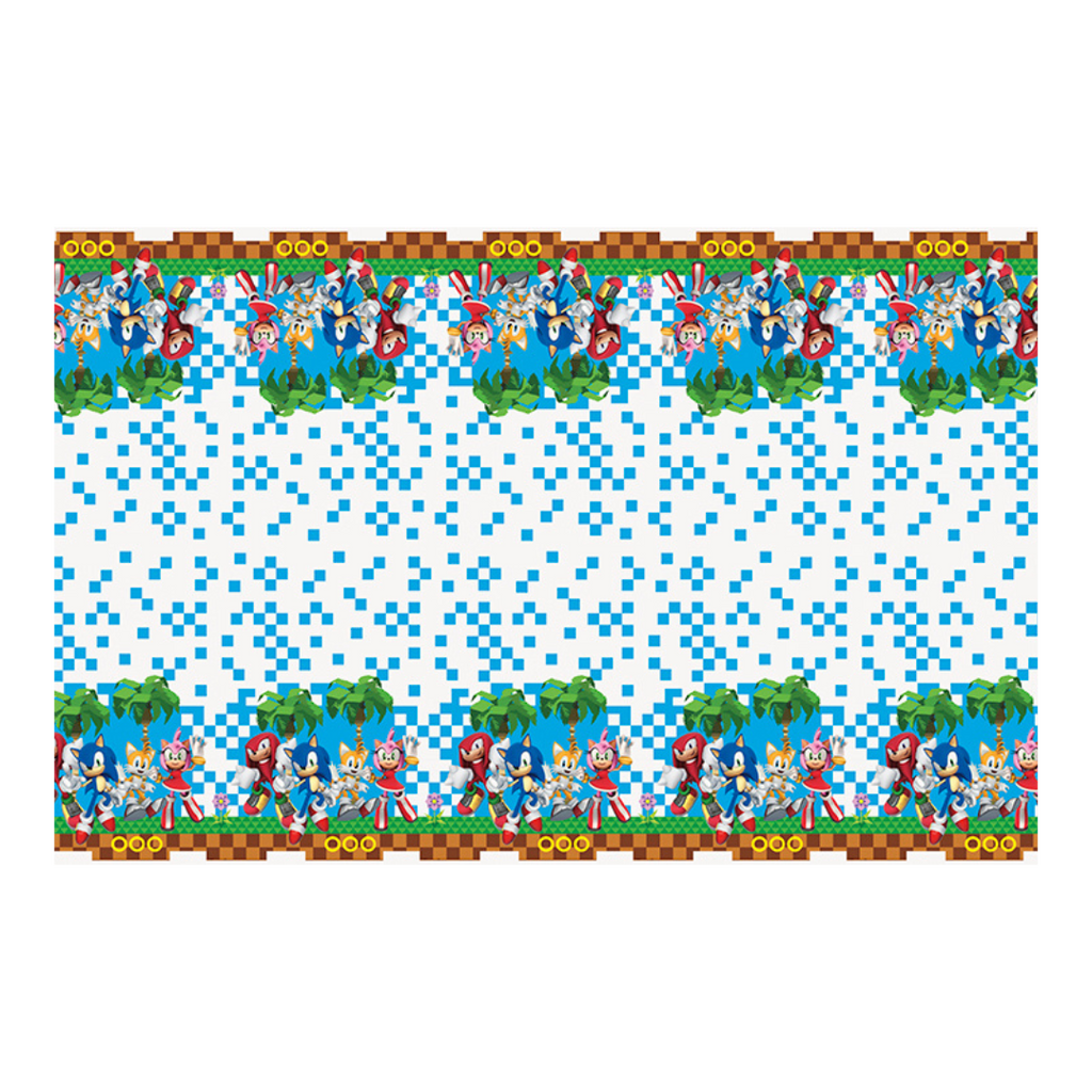 Blue and white Sonic the Hedgehog table cover with characters for birthday from Parte Haus party supply store in Bethesda MD.