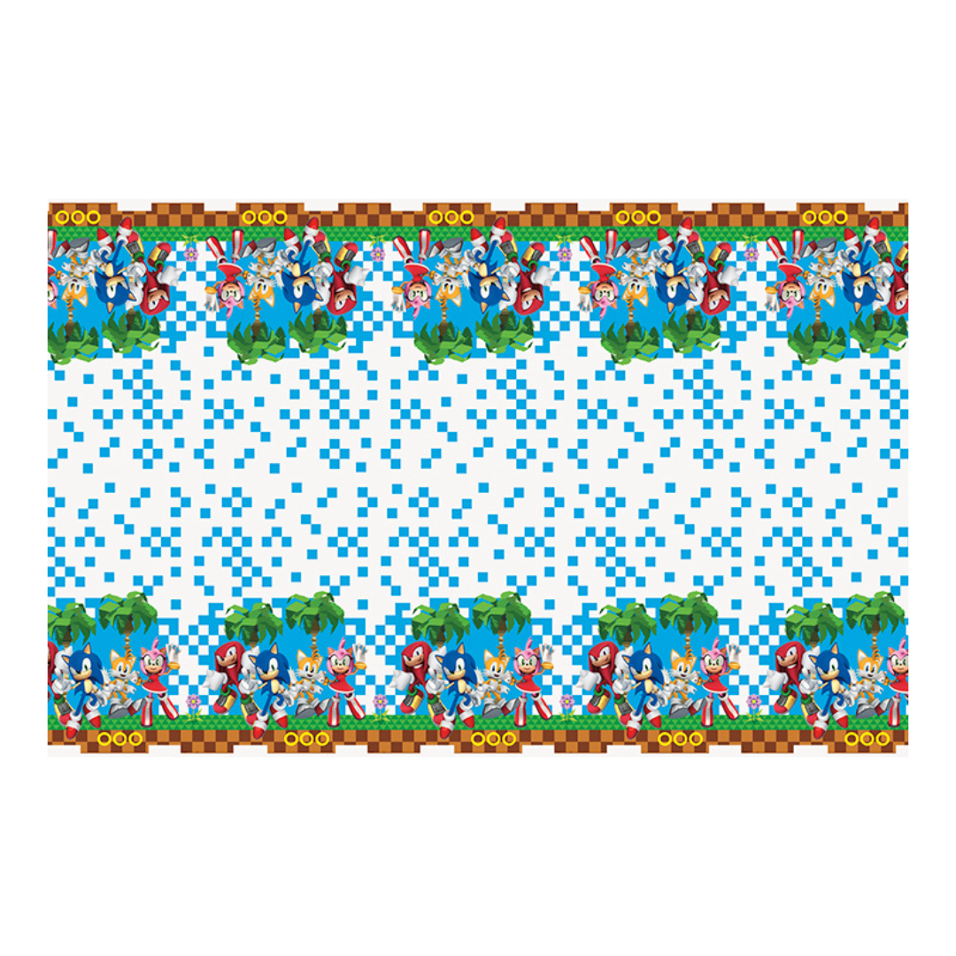 Blue and white Sonic the Hedgehog table cover with characters for birthday from Parte Haus party supply store in Bethesda MD.