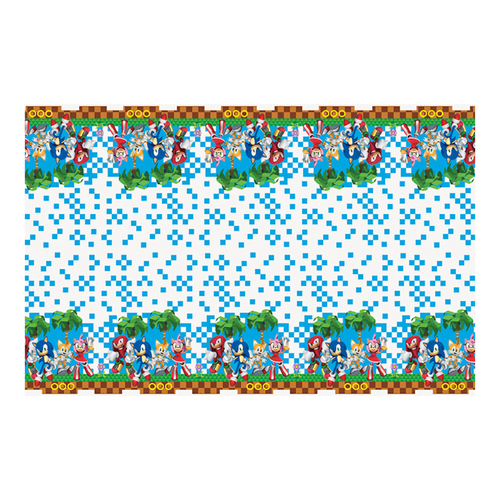 Blue and white Sonic the Hedgehog table cover with characters for birthday from Parte Haus party supply store in Bethesda MD.
