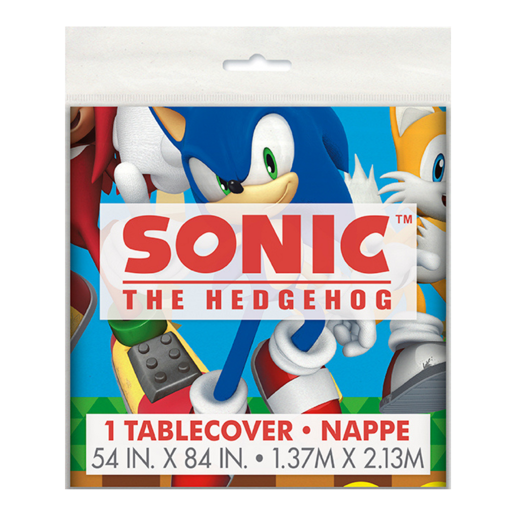 Blue Sonic the Hedgehog tablecover with Sonic and friends birthday theme from Parte Haus party supply store in Bethesda MD