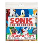 Blue Sonic the Hedgehog tablecover with Sonic and friends birthday theme from Parte Haus party supply store in Bethesda MD
