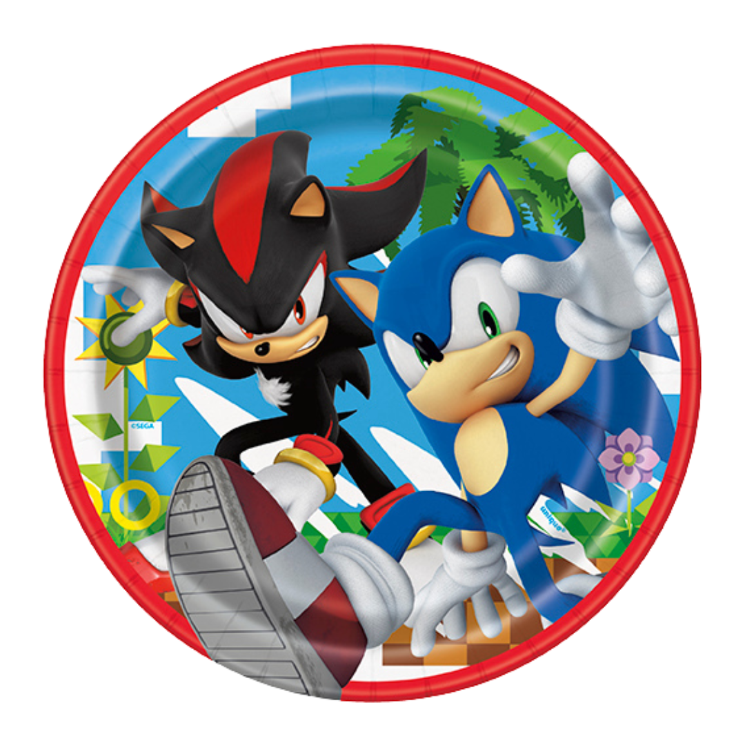 Red and blue Sonic themed paper plate with cartoon characters for kids birthday from Parte Haus party supply store in Bethesda Maryland