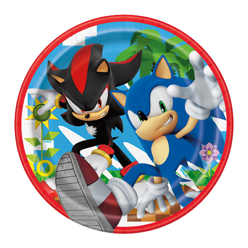 Red and blue Sonic themed paper plate with cartoon characters for kids birthday from Parte Haus party supply store in Bethesda Maryland