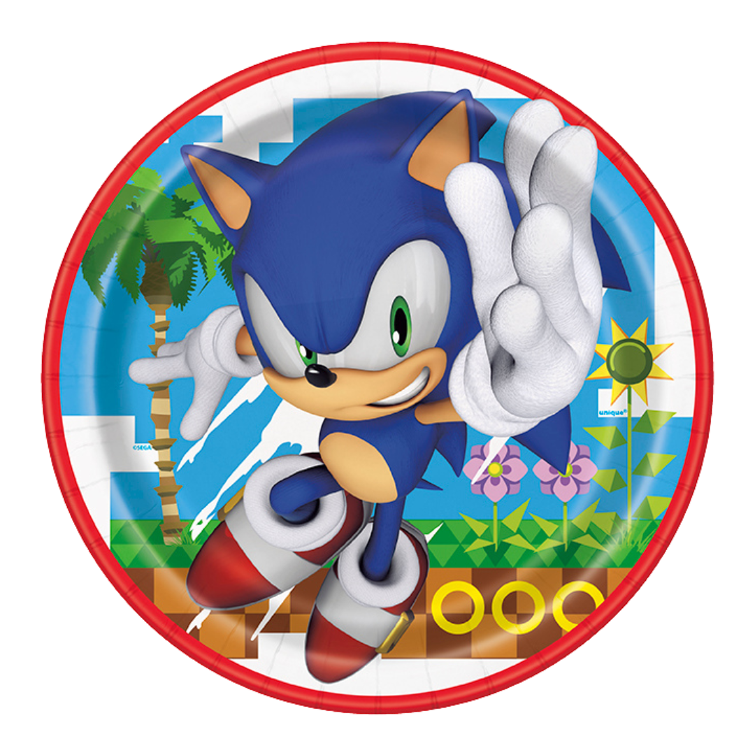 Blue Sonic the Hedgehog paper plate with jumping character and game scene kids birthday from Parte Haus party supply store in Bethesda, Maryland