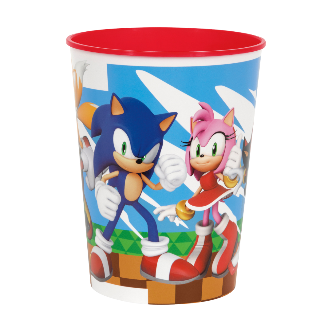 Blue Sonic plastic cup with cartoon characters for birthday from Parte Haus party supply store in Bethesda MD