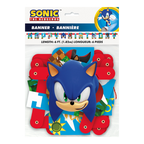 Blue Sonic the Hedgehog birthday banner with character graphics for kids party from Parte Haus party supply store in Bethesda MD.