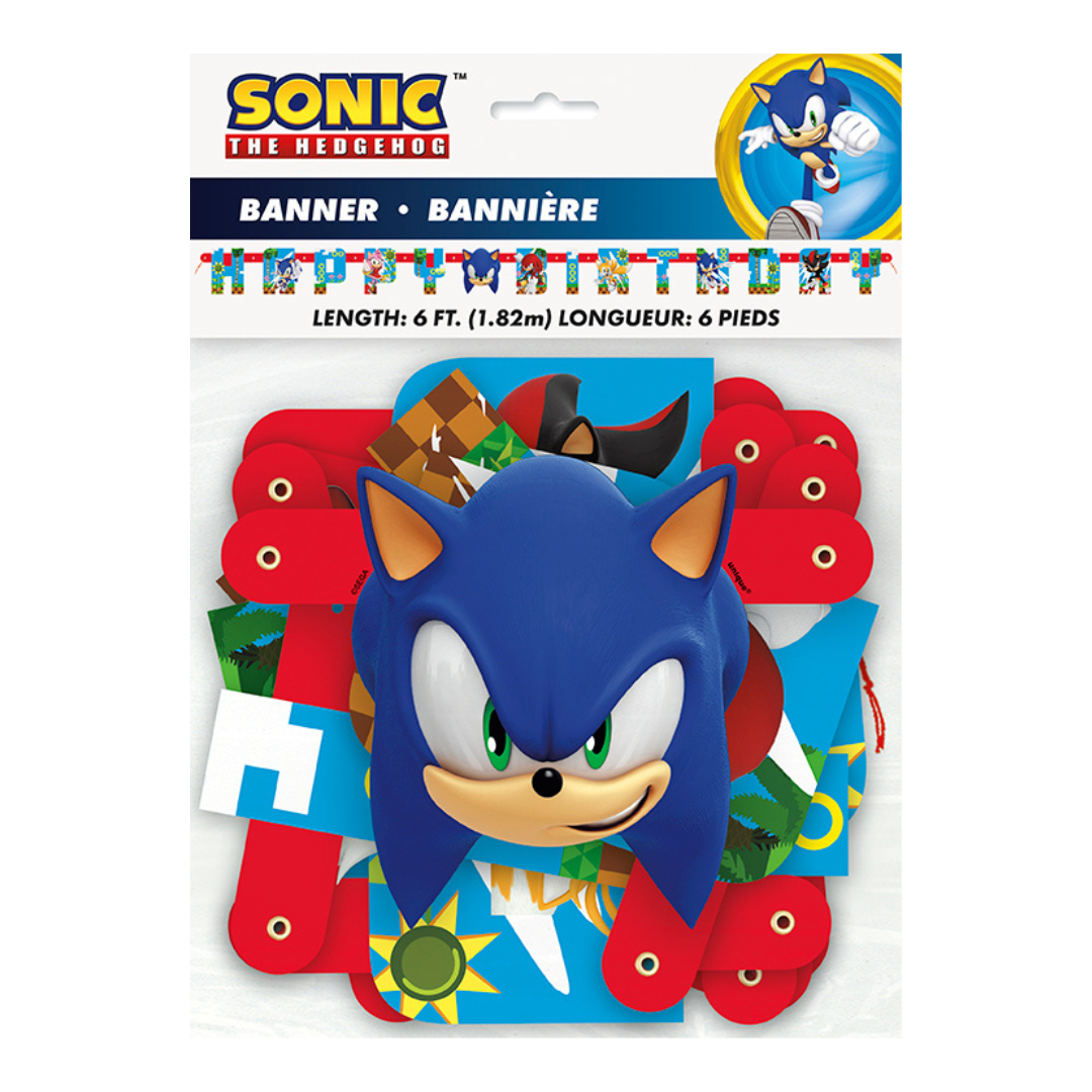 Blue Sonic the Hedgehog birthday banner with character graphics for kids party from Parte Haus party supply store in Bethesda MD.