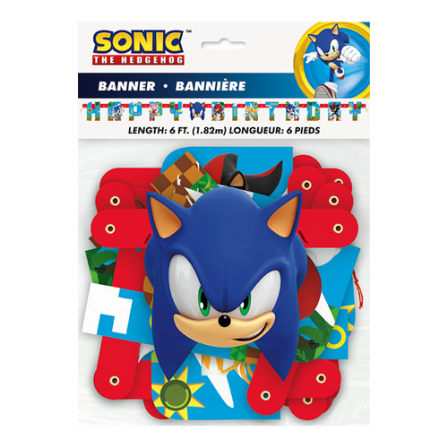 Blue Sonic the Hedgehog birthday banner with character graphics for kids party from Parte Haus party supply store in Bethesda MD.