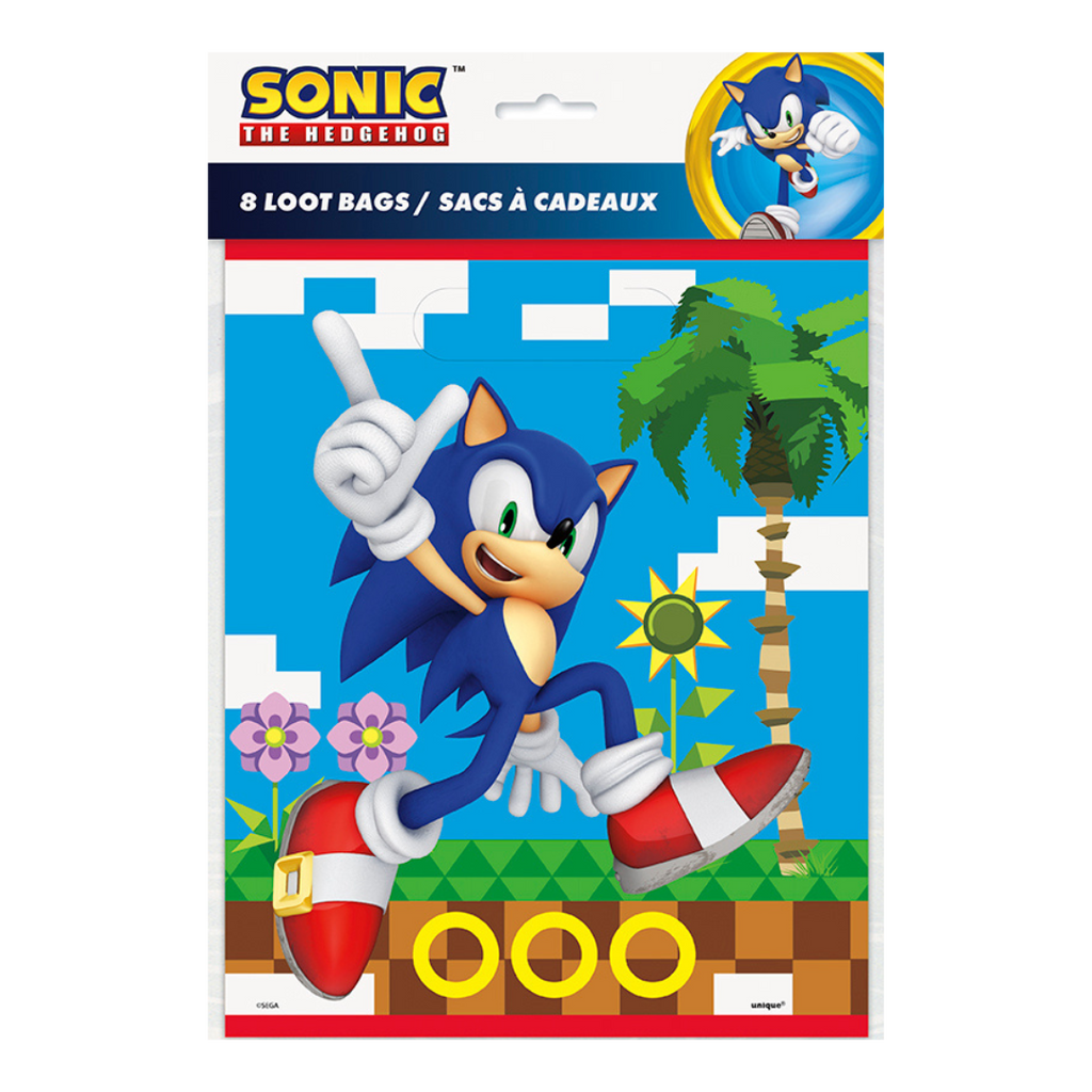 Blue Sonic the Hedgehog loot bag with classic game scene birthday theme from Parte Haus party supply store in Bethesda MD