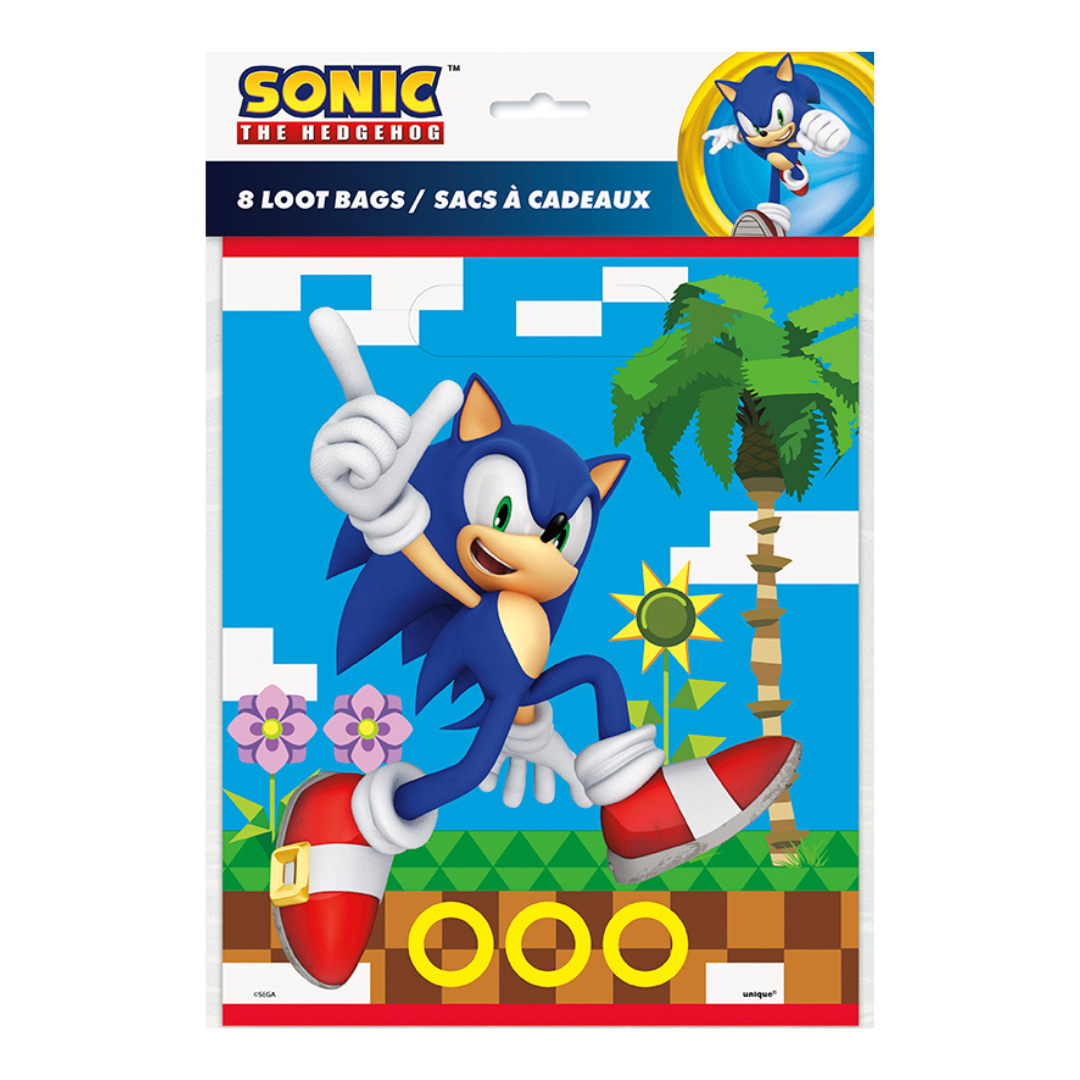 Blue Sonic the Hedgehog loot bag with classic game scene birthday theme from Parte Haus party supply store in Bethesda MD