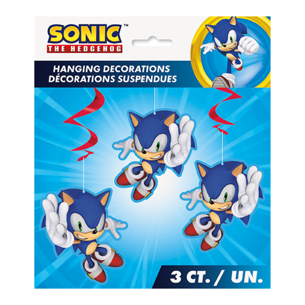Blue Sonic the Hedgehog hanging decorations for birthday from Parte Haus party supply store in Bethesda Maryland