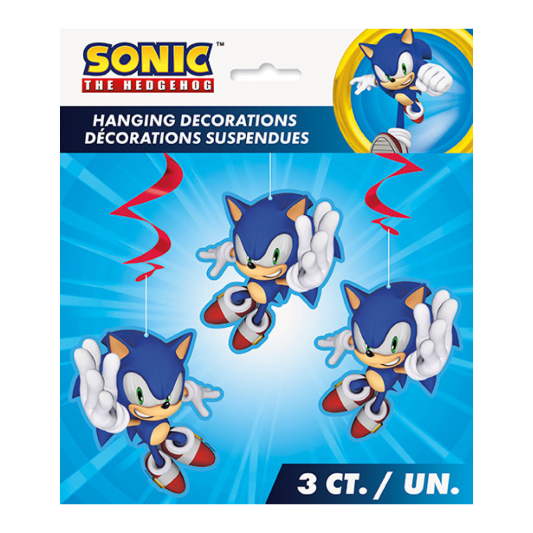 Blue Sonic the Hedgehog hanging decorations for birthday from Parte Haus party supply store in Bethesda Maryland