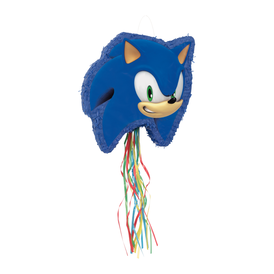 Blue Sonic the Hedgehog piñata with colorful streamers kids birthday from Parte Haus party supply store in Bethesda MD