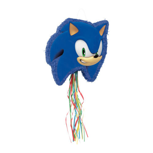 Blue Sonic the Hedgehog piñata with colorful streamers kids birthday from Parte Haus party supply store in Bethesda MD