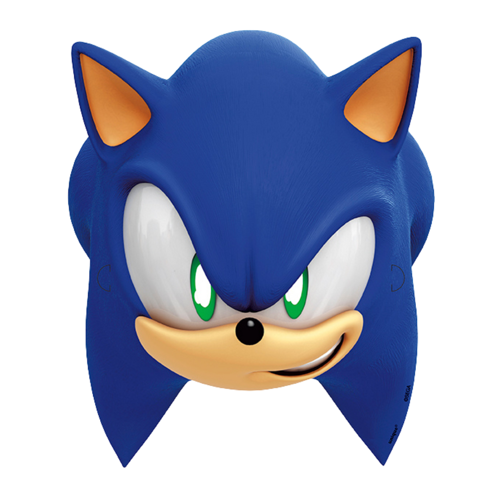 Blue Sonic face mask with green eyes for kids birthday from Parte Haus party supply store in Bethesda Maryland