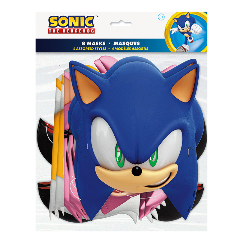 Blue Sonic the Hedgehog mask set with cartoon character faces for birthday theme from Parte Haus party supply store in Bethesda Maryland