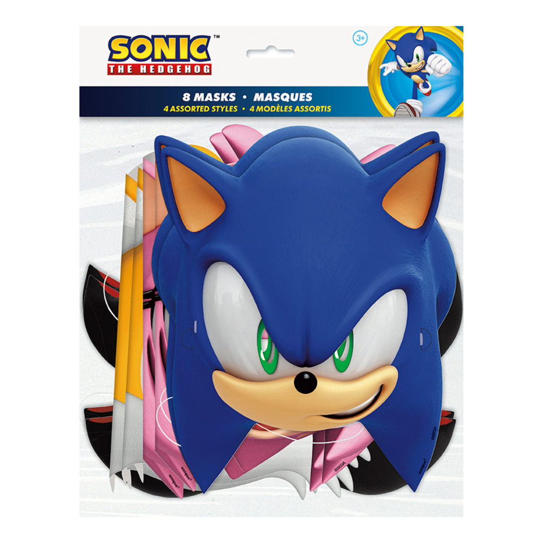 Blue Sonic the Hedgehog mask set with cartoon character faces for birthday theme from Parte Haus party supply store in Bethesda Maryland
