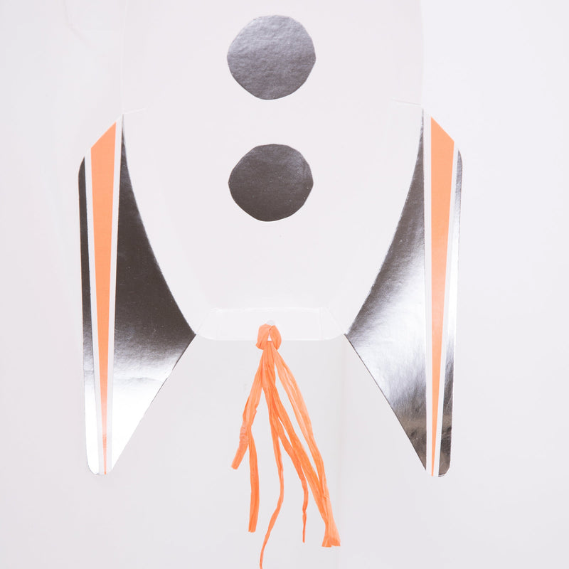 Silver and orange rocket ship decoration for space theme from Parte Haus party supply store in Bethesda Maryland