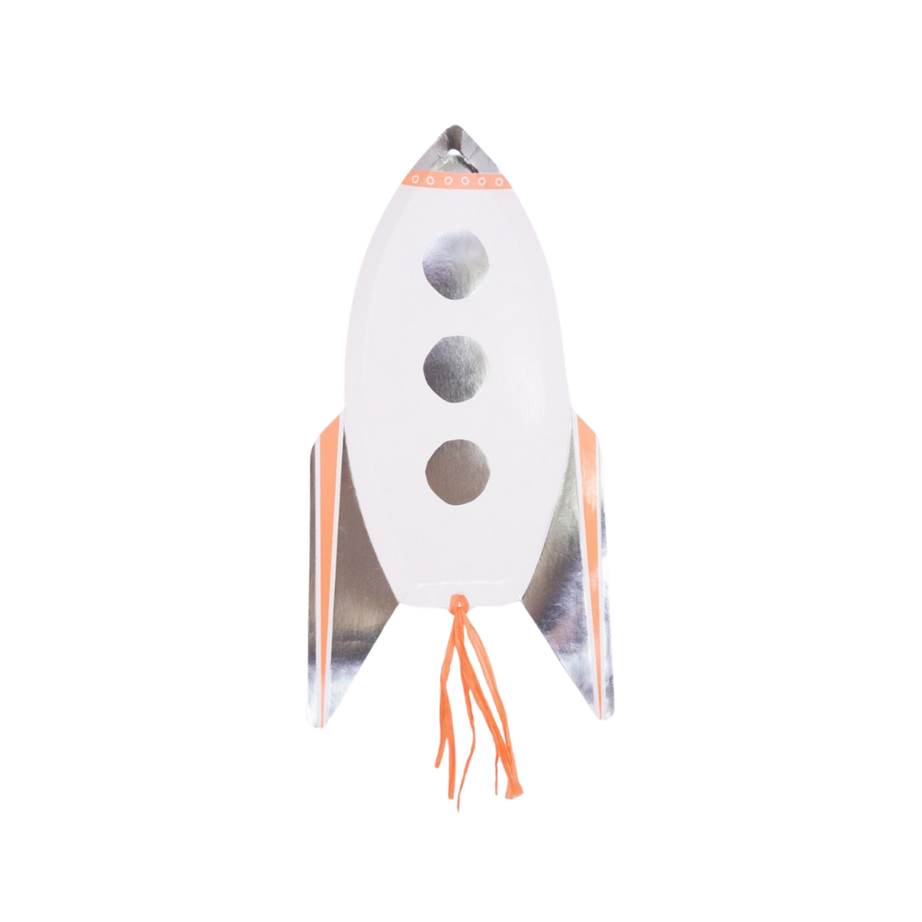 Silver and orange rocket ship shaped plate with cut out windows space theme from Parte Haus party supply store in Bethesda MD.