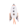 Silver and orange rocket ship shaped plate with cut out windows space theme from Parte Haus party supply store in Bethesda MD.