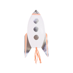Silver and orange rocket ship shaped plate with cut out windows space theme from Parte Haus party supply store in Bethesda MD.
